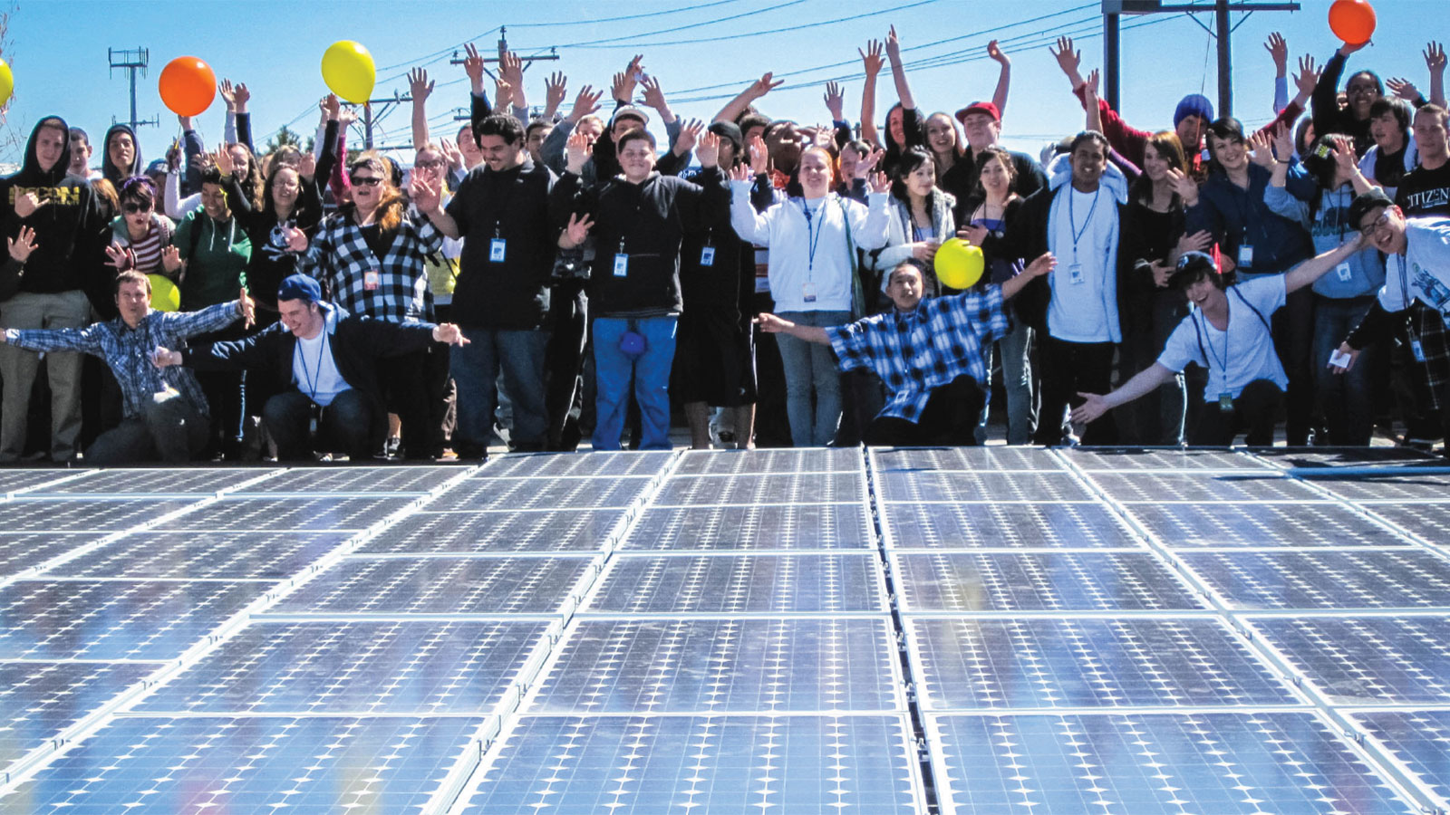 Join the Mission! People lined up and celebrating solar panels and going solar!